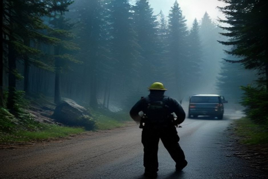 Habitant guidant les secours près d’une forêt alpine