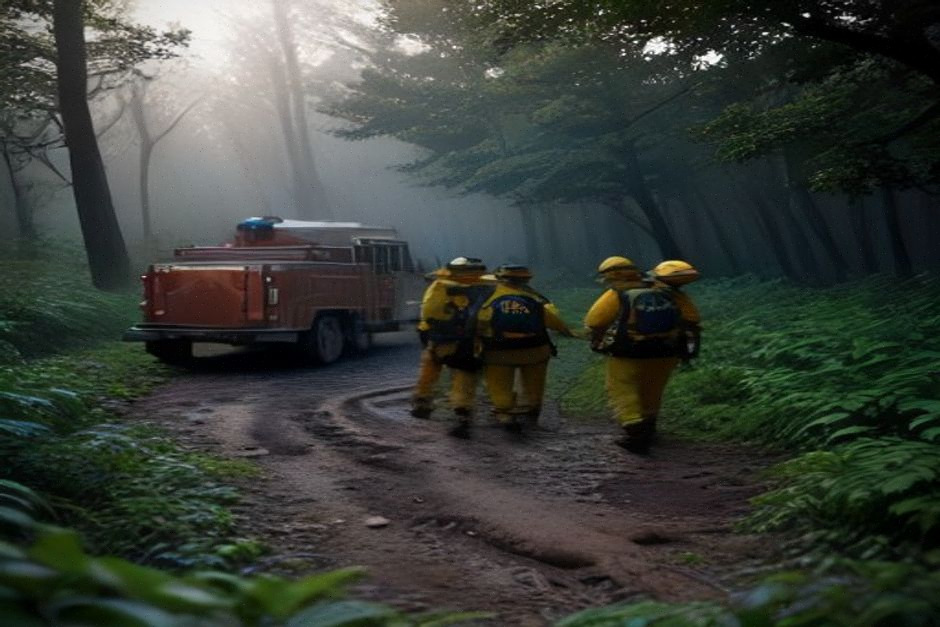 Pompiers surveillant des broussailles après extinction près de Morlaix dans le Finistère